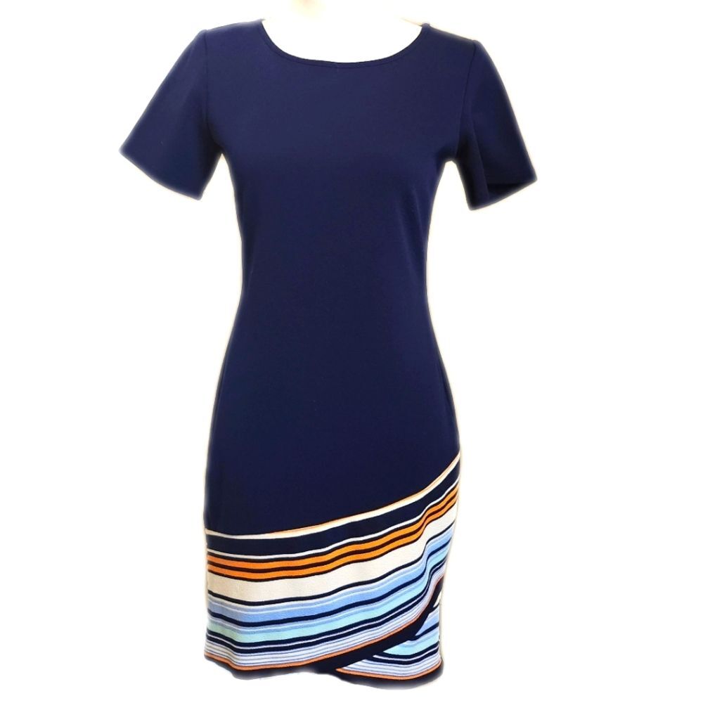 MSK asymmetrical hem navy blue dress with multicolored stripes, XS